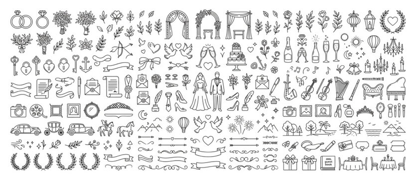 Large wedding celebration and romance line icon pack for marriage planning and event design with marriage ceremony celebration invitation illustration collection planning anniversary