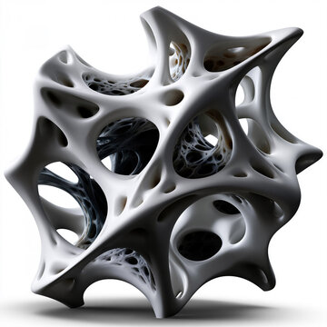 abstract biomorphic ceramic lattice sculpture, organic coral skeleton inspired parametric structure, futuristic porous biomorphic ceramic architecture