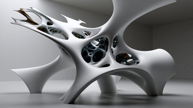 abstract biomorphic ceramic lattice sculpture, organic coral skeleton inspired parametric structure, futuristic porous biomorphic ceramic architecture