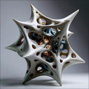 abstract biomorphic ceramic lattice sculpture, organic coral skeleton inspired parametric structure, futuristic porous biomorphic ceramic architecture
