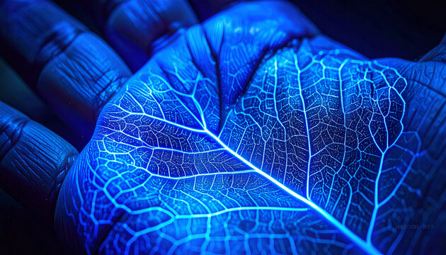 Glow of Life: A close-up of a hand holding a leaf under a vibrant blue UV light, revealing the intricate venation of the leaf and the texture of the skin.