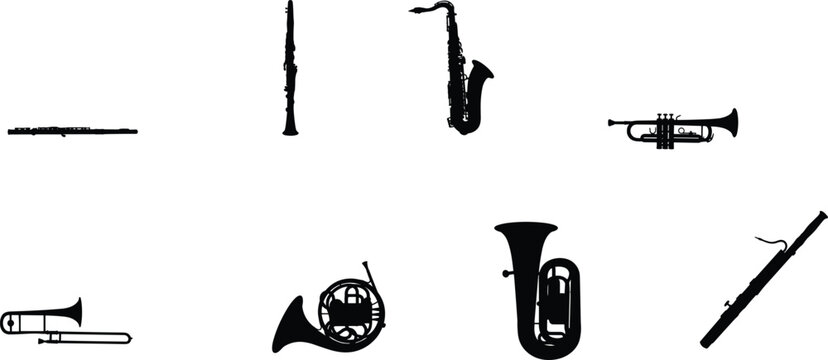 Orchestral Wind Instrument Silhouette Set Featuring Flute Clarinet Saxophone Trumpet Trombone French Horn Tuba and Bassoon