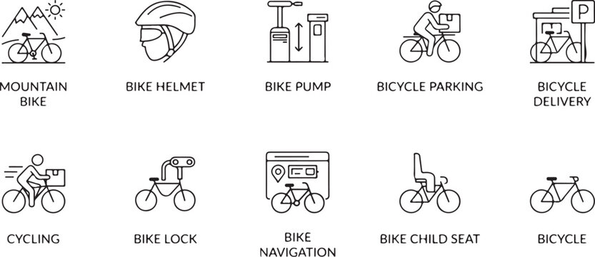 Bicycle accessories and smart cycling navigation vector icons pack