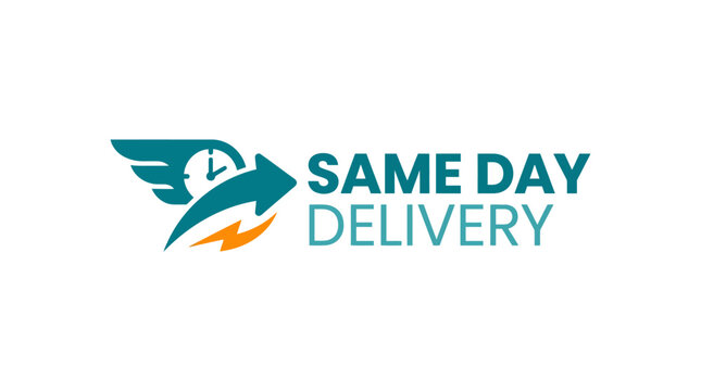 Same day delivery logo with winged clock and arrow.