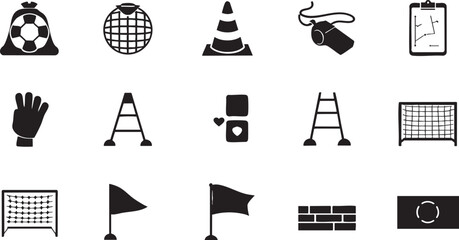 Soccer training equipment and football coaching icons set, solid black silhouettes of sports fitness drills vector asset © KETO T-Shirt Design