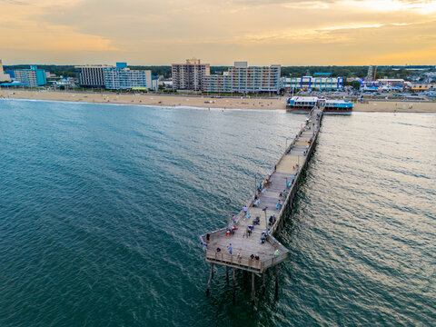 Virginia Beach fishing pier at sunset 2026 aerial stock image
