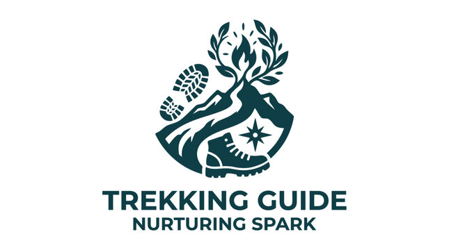 Mountain trekking guide logo with boot and gear.