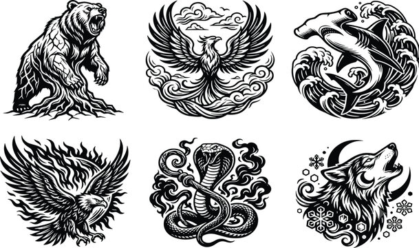 Black and white wildlife vector emblem set featuring powerful animals and mythical creature illustrations