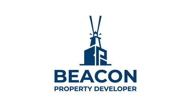 Modern property developer logo with tower and light rays.