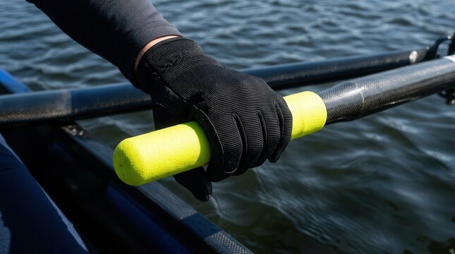 Hand gripping a bright yellow rowing oar handle with black gloves, water surface visible in the background, showcasing a close-up of rowing equipment