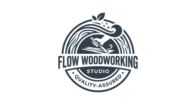 Woodworking studio logo with hand tools and waves.