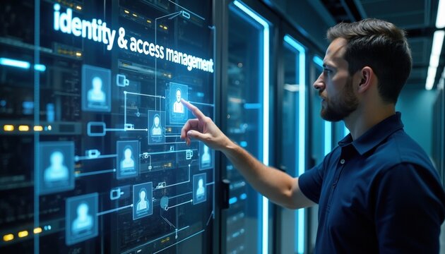 Man uses holographic dashboard for identity and access management. He assigns user permissions in data center. Corporate network security system.