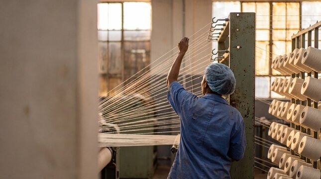 A young African man in a blue shirt and cap operates machinery in a textile factory. Spools of thread are visible in the background, highlighting industrial work.