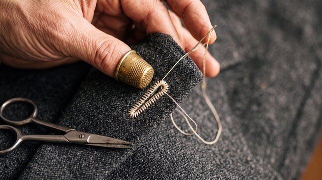 A close-up of a hand sewing a button onto a dark fabric. The hand is wearing a thimble and holding a needle with thread. Scissors are nearby.