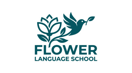 Teal flower and bird logo for language school. © Yara