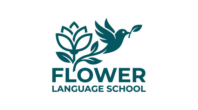 Teal flower and bird logo for language school.