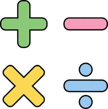 Set of basic mathematical operators including plus minus multiplication and division signs, simple and clean colored vector illustration