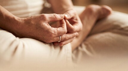 Fototapeta premium Close-up of hands in a meditative pose. The hands are resting on a lap, showcasing a ring on one finger. Soft lighting creates a calm atmosphere.