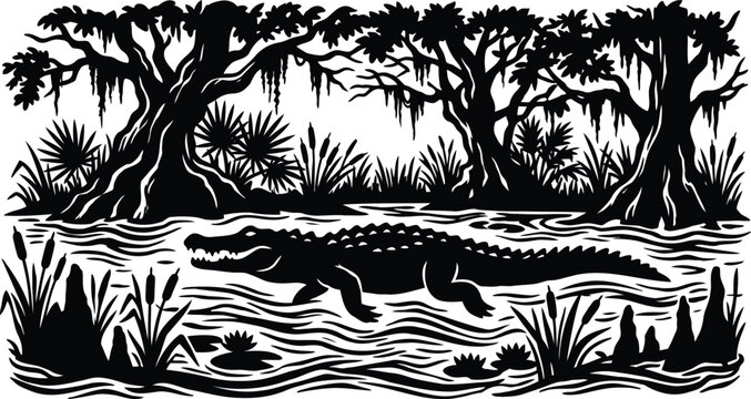 Alligator swimming in a swamp with cypress trees