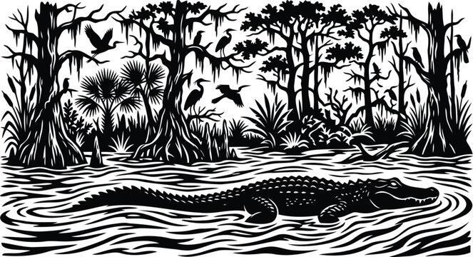 Black and white alligator swimming in a swamp forest