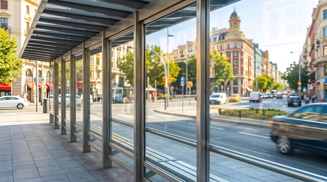Urban bus shelter with glass panels and metal frame on city street with traffic and architectural background