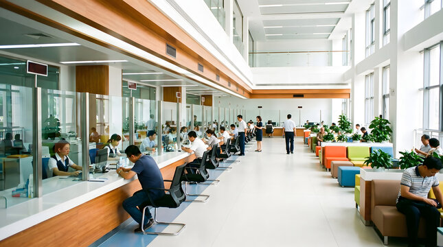 Citizens queuing at service counters in a modern government service center