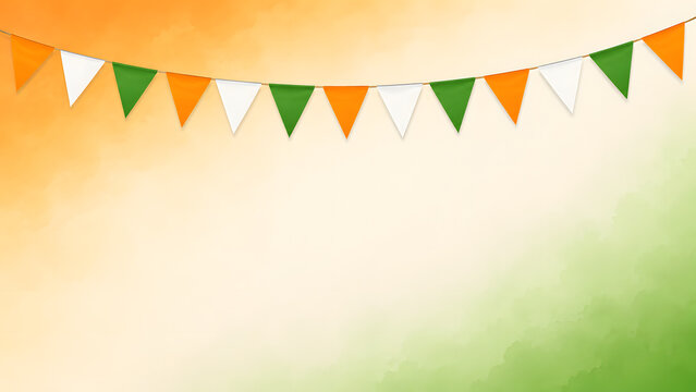 Bunting garland with triangular pennants in saffron white and green against background.