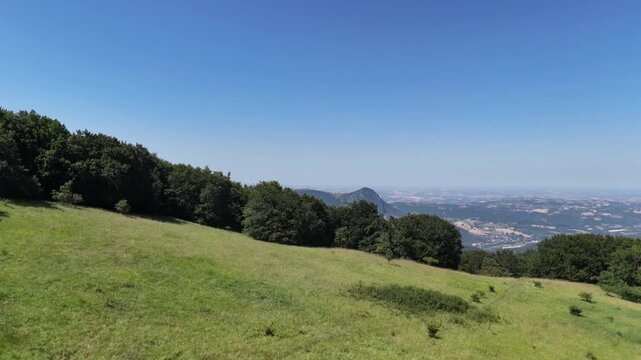 Montagna erbosa con prato verde, linea di alberi a met&agrave; pendio e ampia vista fino all&rsquo;orizzonte sotto cielo azzurro limpido
