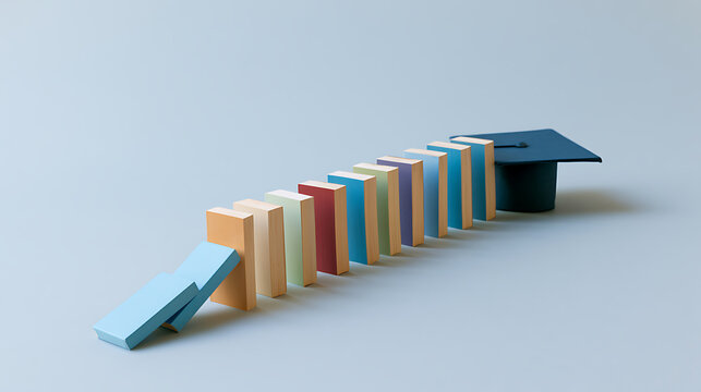 Educational journey concept with colorful dominoes cascading towards a miniature graduation cap, symbolizing the path to achievement and study