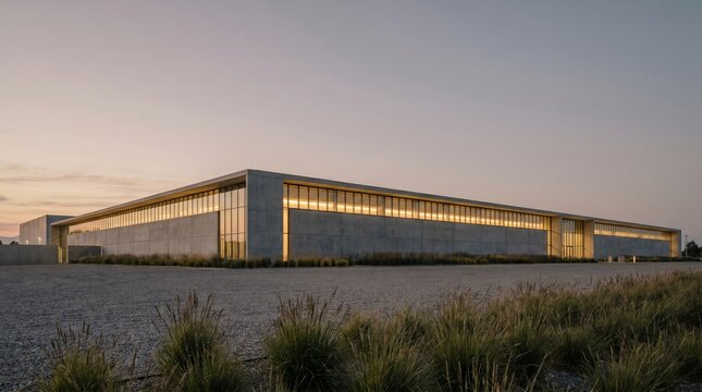 Modern hyperscale data center exterior at dusk with warm interior light
