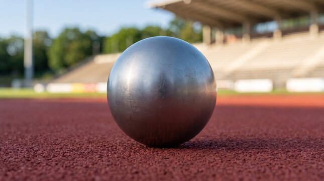 Professional metal shot put ball on red running track at stadium  