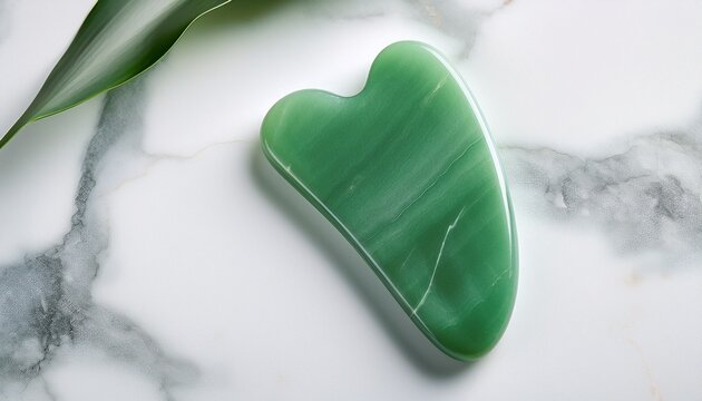 green jade gua sha massager positioned on white marble background showcasing natural textures with soft green hues and ample copy space for text