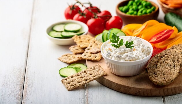 cottage cheese high protein dip with fresh vegetables bread and crackers on wooden white table copy space eating diet healthy curd cheese spread with various snacks
