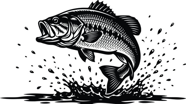 Black and white illustration of a jumping bass fish