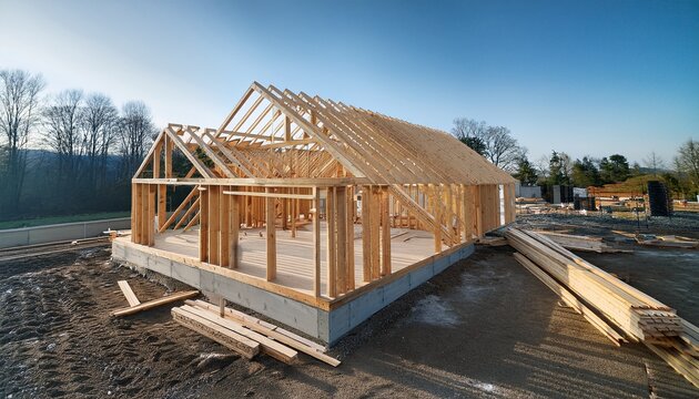 unfinished wooden structure of a house frame with visible roof trusses and wall studs showcasing construction materials building construction wood framing architecture unfinished house