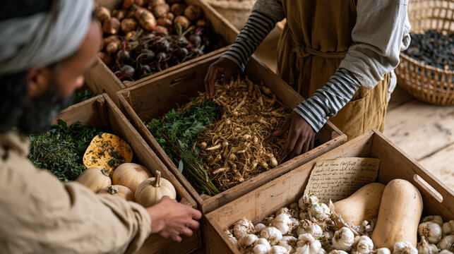 High angle overhead shot of community supported agriculture subscription packing day, multicultural group of volunteers arranging autumn harvest boxes with squash, herbs, root