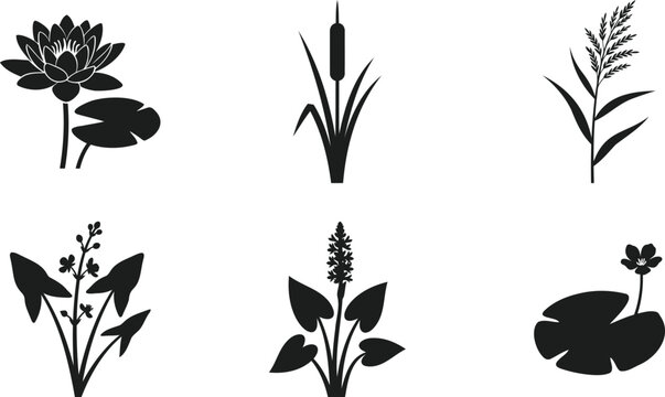 Set of black pond plants and water lily flower icons