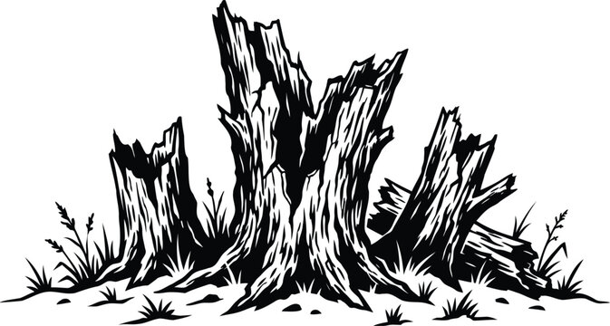 Old tree stump sketch with grass in black and white