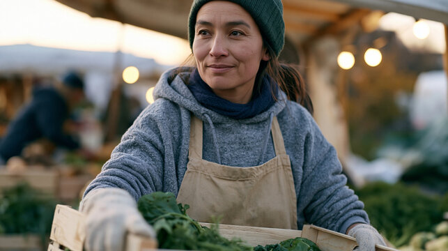 Wide establishing shot of urban gleaning volunteers collecting surplus produce from market stalls at dusk, Inuit and Roma food rescue team filling crates with unsold vegetables,
