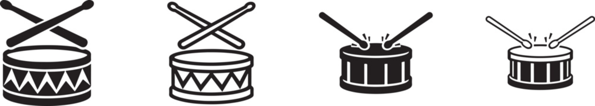 Drum icon set with drumsticks, marching band and music symbols. Editable vector EPS10 collection.