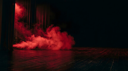 Fototapeta premium Dramatic Empty Stage with Mysterious Red Smoke and Fog Effect | Dark Theater Interior with Wooden Floor and Red Curtains | Cinematic Performance Background for Concerts or Mystery | Artistic Lighting