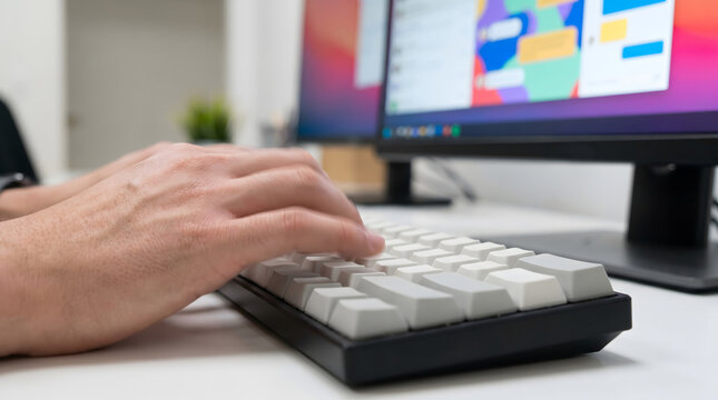 Hands typing on a mechanical keyboard at a modern office desk with dual monitors