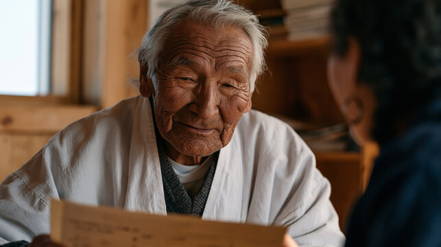 Inuit elder participates in a longitudinal brain health study at a northern community health clinic, a geriatric neurologist reviewing early biomarker blood panel results for