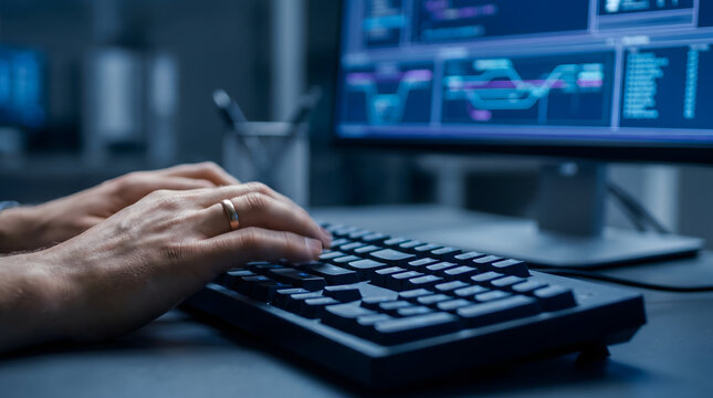 Programmer typing on keyboard with hands while monitoring data charts on computer screen