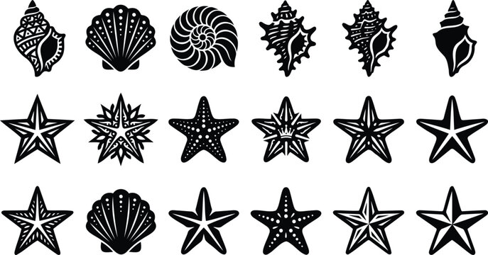 Black and white seashell and starfish icons set