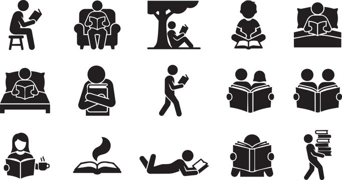 Black silhouette icons of people reading, 20 flat vector graphics, bookworms and literacy symbols, educational illustrations