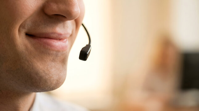 Smiling male customer service representative wearing a headset in close-up profile view