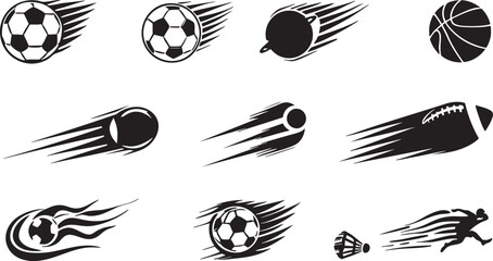Sports balls with speed motion trails and fire effect icons set, solid black vector silhouettes of dynamic flying balls asset © KETO T-Shirt Design