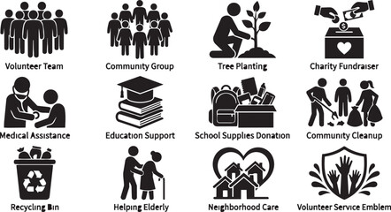 Fototapeta premium Community Service Icons, Volunteer Vector Set, 10 Charity Symbols, Social Care Illustrations