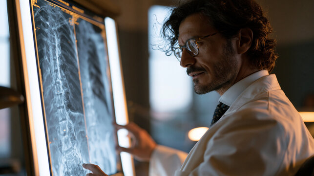Space medicine researcher examines bone density scan results comparing pre-mission and post-mission vertebral cross-sections on lightboard, Roma scientist in lab coat gesturing at